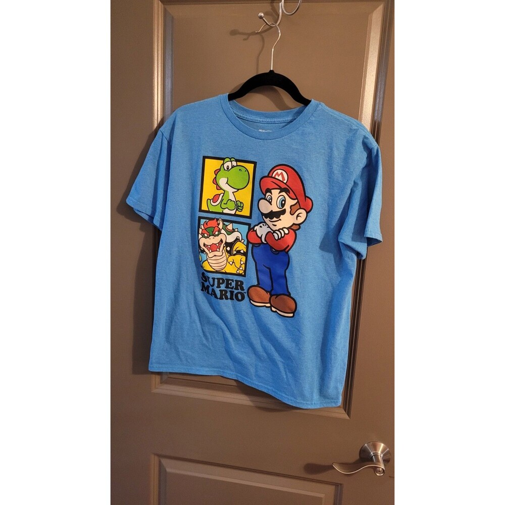 Super Mario Bowser Yoshi Mario Blue Graphic T Shirt Youth Kids Boys Size XL